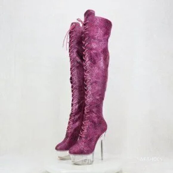 Bulls Fuchsia Purple Leopard Glitter OTK High Clear Platform Boots - Picture 6 of 7